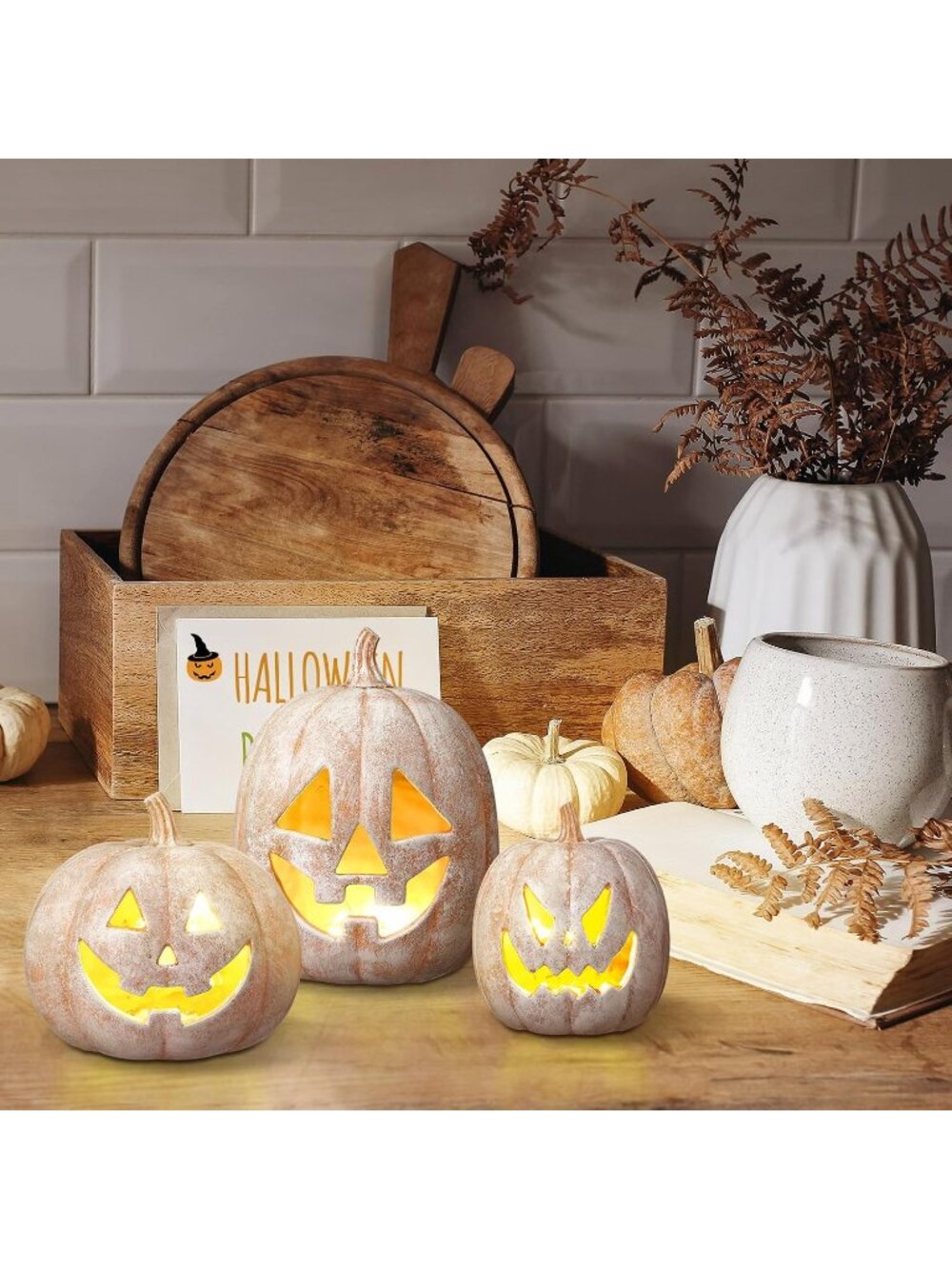 🎃 3 Pcs Beige Pumpkin Lantern Terracotta Resin Halloween Decorations Home Porch - Picture 4 of 6